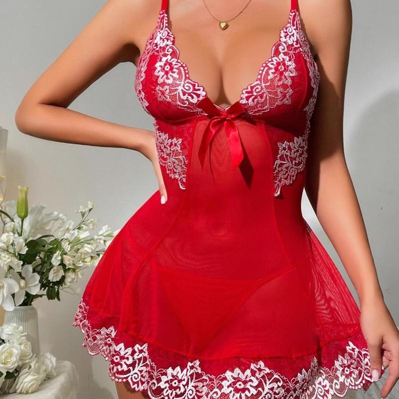 Ugreat Women's Contrast Lace Bow Decor Cami Nightdress with Thong, Comfort Night Gown for Women, Spaghetti Strap Backless, Elegant & Silky Design Green Glam Womenswear Loungewear Fitted Sleeveless Nightwear  night gown women Homewear Minimalist