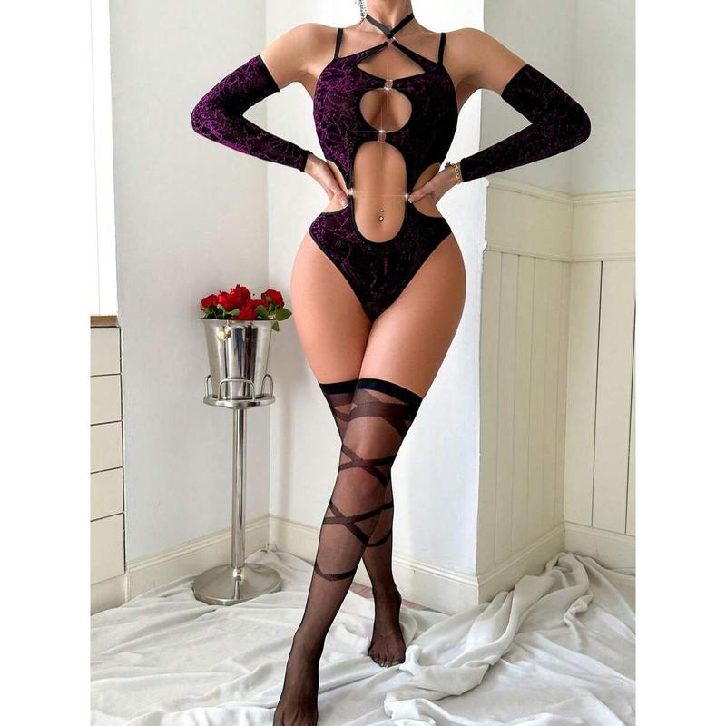 Women's Off-Shoulder Long Sleeve Hollow-Out Sexy Bodysuit, Festival Tops Piece Womenswear Fabric Basic Minimalist Tummy Control Clothing Purple