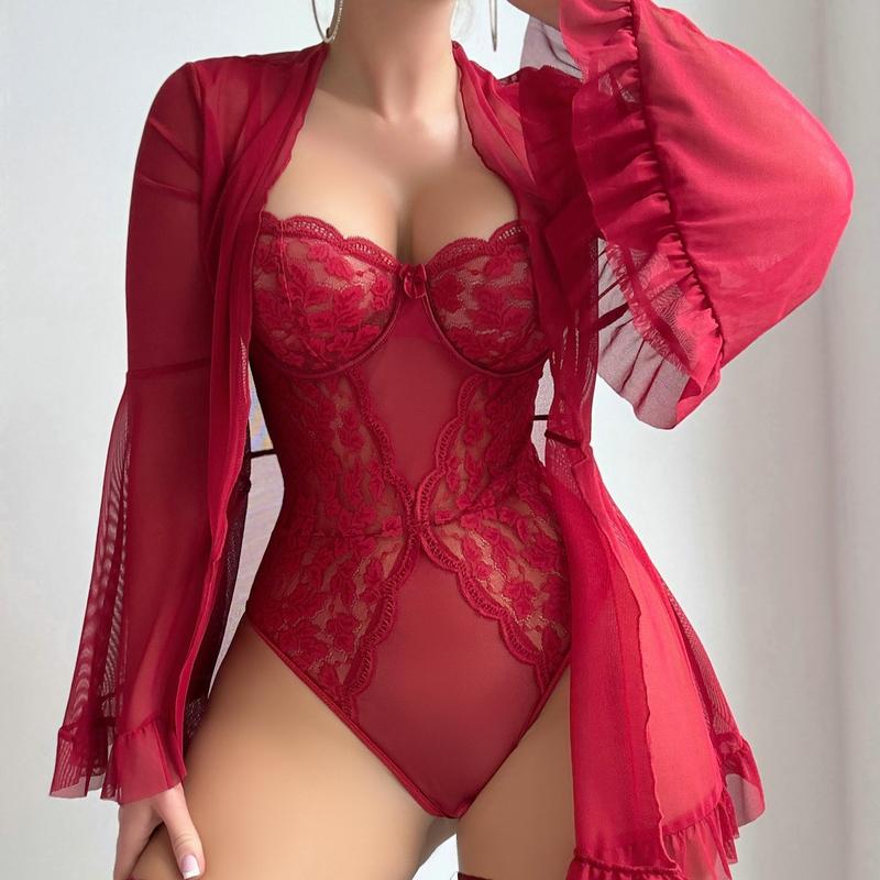 5 Piece Lingerie Set Floral Lace Teddy Bodysuit with Belt Robe Stockings dealsforyoudays