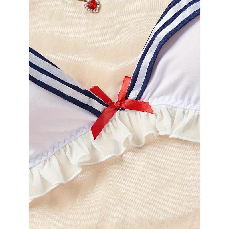 Ocean Style Lingerie Set - Women's Ruffled Bow Underwire Bra and Panties, Sexy Role Play Comfortable Design