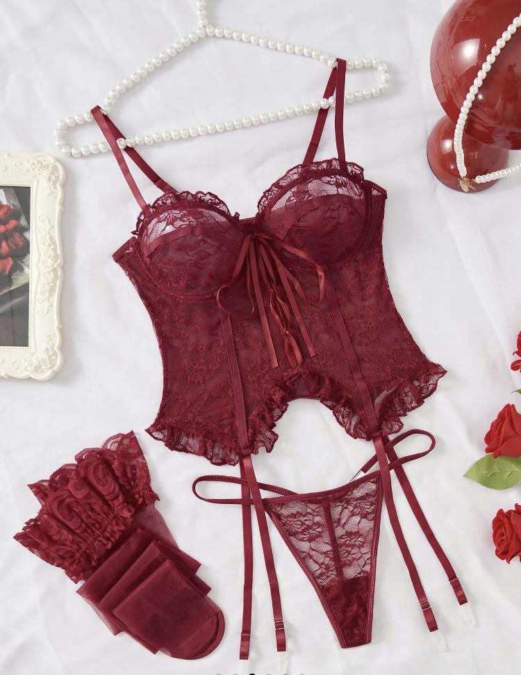 Women's Adjustable Strap Backless Lace Lingerie Set, Tie Front Cami Top & Sheer Thong $ Ruffle Stocking Set, Lingerie for Women, Underwear for Women, Back To School Wear, Women's Lingerie & Underwear for Summer, Underwear Sets for Women