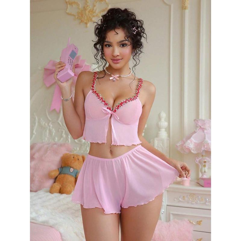 2pcs Set Women's Floral Embroidery Decor Mesh Lingerie Set, Kawaii Bra Fabric Day Pants