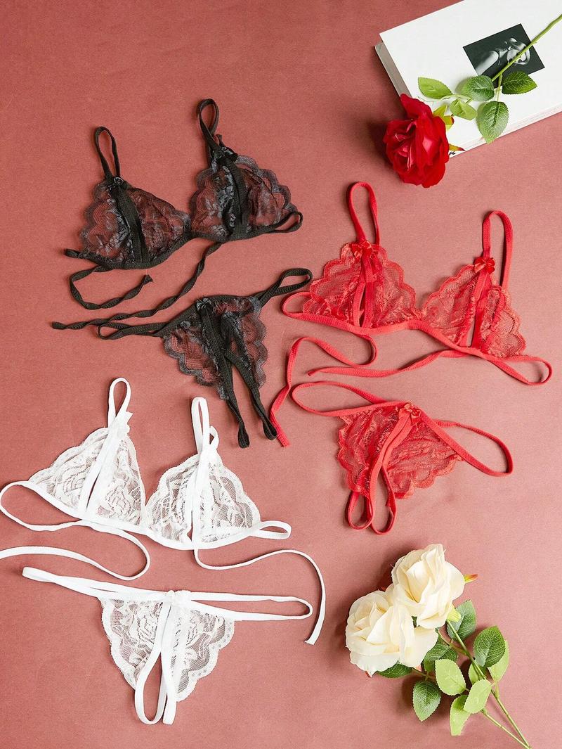 3 Pieceslingerie Set Solid Color V-Neck Lace Floral Fashion Design Lingerie Set, Bra And Open Lingerie, Couple Date, Halloween, Christmas, Valentine's Day, Girlfriend Gift, Free Temptation Set White Black Womenswear Red Fabric Casual Basic Minimalist