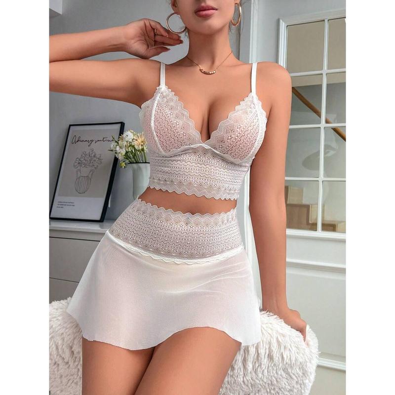 2pcs Women's Wireless Lace Spliced Mesh Sexy Lingerie Set Fabric Polyester bikini boutique go nnaw ear it now Womenswear Bra Panty Piece