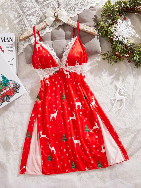 Christmas Women's Sleepwear, Reindeer Print Strap Nightgown, Festive Holiday Pajamas, Cozy Loungewear for Christmas Celebrations