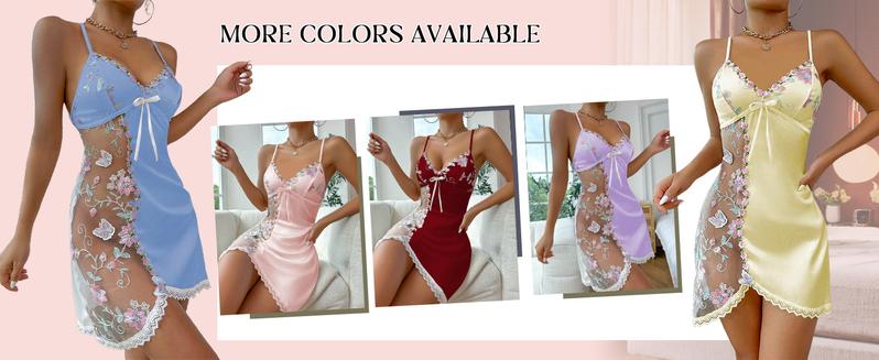 Women's Floral Mesh Embroidery Lace Trim Chemise Wedding Nightwear Satin Slip Dress Babydoll Nightgown,Soft Cut Out Backless Honeymoon  Gift