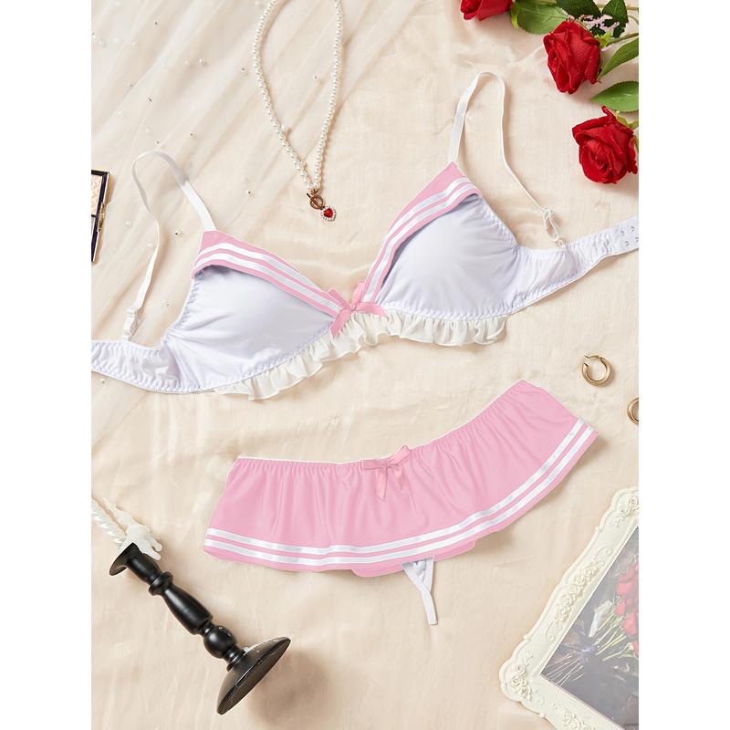 Ocean Style Lingerie Set - Women's Ruffled Bow Underwire Bra and Panties, Sexy Role Play Comfortable Design