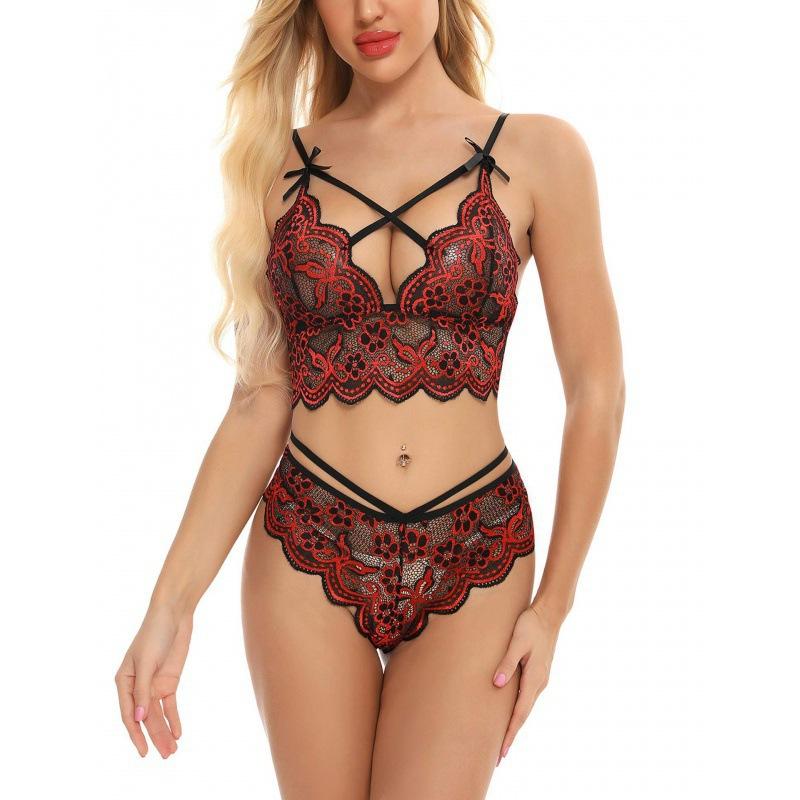 Sexy lingerie lace contrast color stitching sexy temptation two-piece set Internet celebrity style