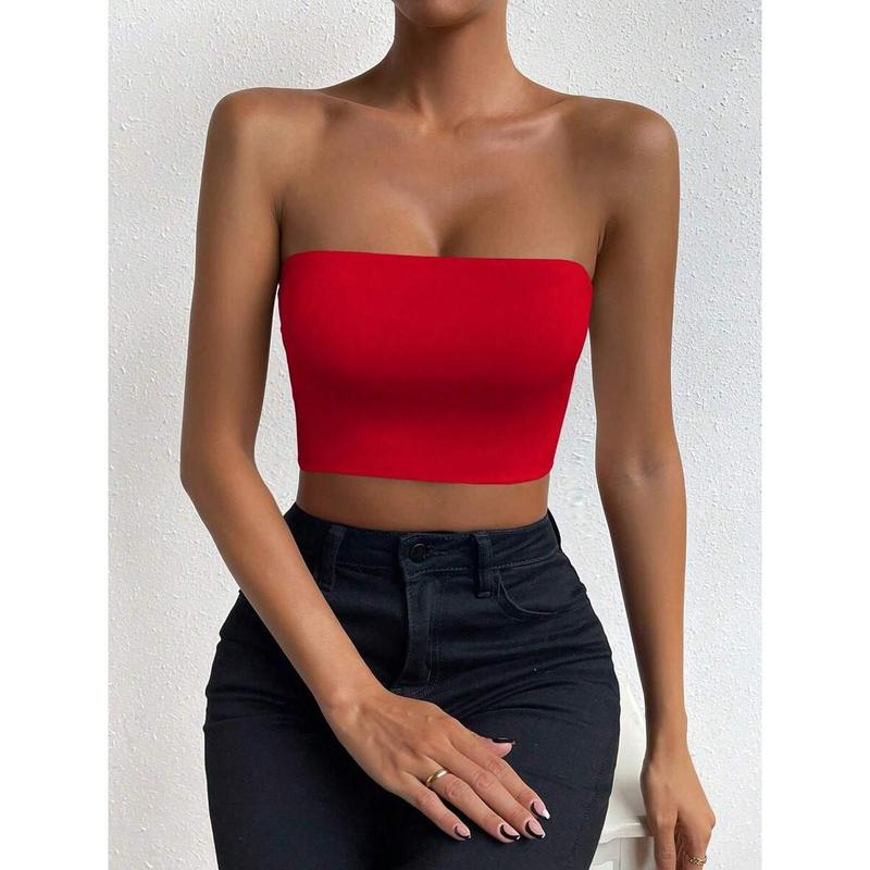 SolidTube Crop Top Fashion Fit Sleeve Womenswear Fabric Polyester Sheer Basic Minimalist