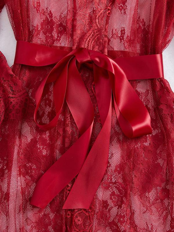 Women's Sexy Robe and Lingerie Set 3 Pieces, Long Sleeve Sheer Robe with Bra and Shorts, Gift with Waist Ribbon for All Seasons
