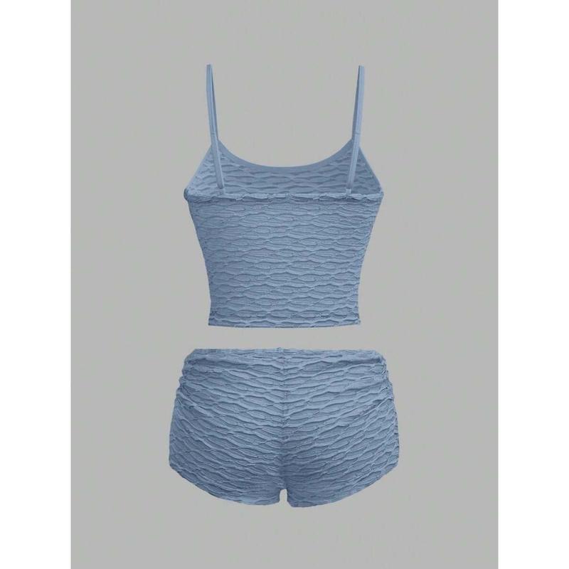 Summer Sexy Solid Color Textured Camisole And Mini Shorts Set Island Vacation Outfits Fabric Pants Clothes Womenswear