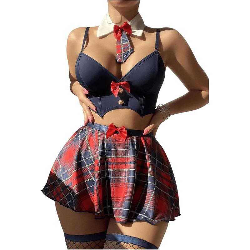 6 Pieces Uniform Lingerie Set Plaid Bow Bra Panty Set with Skirt and Fishnet Stockings