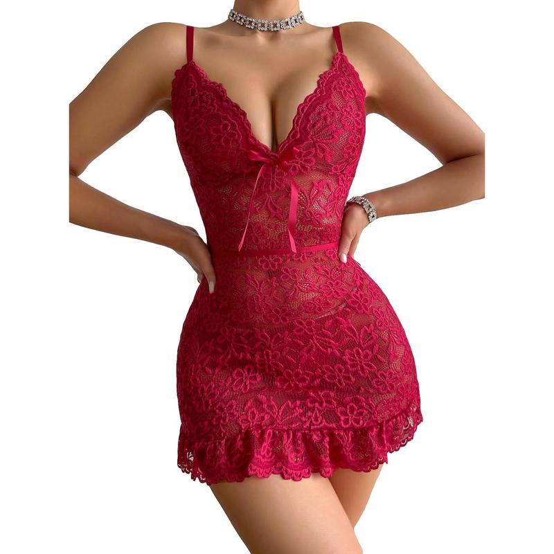 Women's 2 Piece Floral Lace Lingerie Set Night Dress Sleewear,Ruffle Hem Sheer Babydoll Chemise Nightgown,Comfort Springtok Sleeveless Loungewear