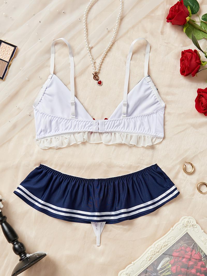 Ocean Style Lingerie Set - Women's Ruffled Bow Underwire Bra and Panties, Sexy Role Play Comfortable Design