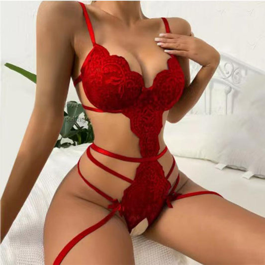 Sexy Lingerie New Lace Seduction Jumpsuit Sexy Open Crotch Pajamas Red French Womenswear Basic Cute Resin Ghost Decor Statue Large Display Bedroom Clock Minimalist