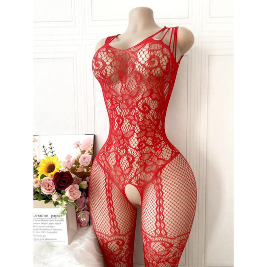Red sexy jacquard lingerie set for women - high elastic semi-sheer mesh covering with fishnet leggings, open design and seams, perfect as a Valentine's Day gift and intimate night choice, set lingerie Clothes Soft