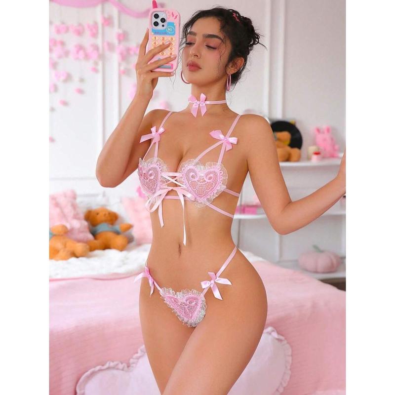 2 Pieces Of Women's Sexy Pink Mesh Lace Heart Bow Pajamas Set Sexy Lingerie Fabric Tops