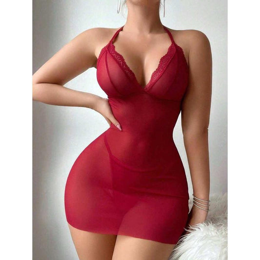 Women's 2-Piece Lingerie Set - Cami Sleep Dress With Thong - Backless Pearl String Mesh Babydoll Dress & Lace Chemise - Gift Included Bra Fabric