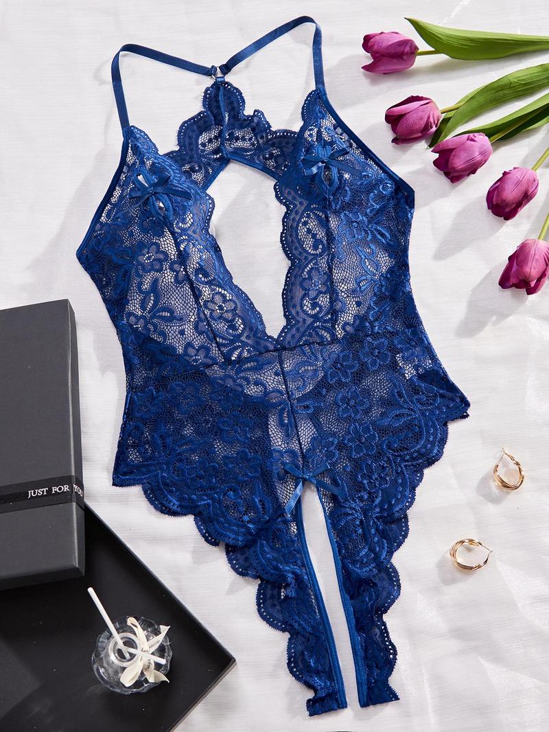 Women's Plain Bow Decor Cut Out Sheer Lace Cami Bodysuit, Sexy Comfy Breathable Backless Bodysuit for Daily Wear, Women's Lingerie for All Seasons