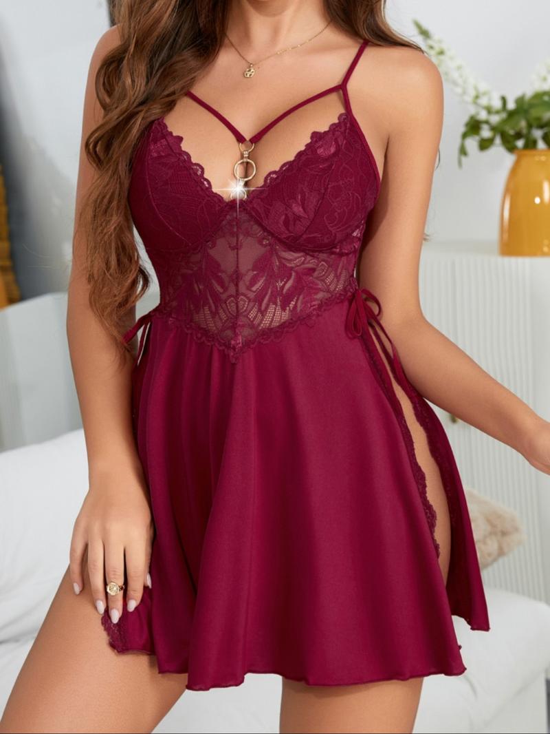 Women's Contrast Lace Backless Split Thigh Cami Nightdress, Adjustable Spaghetti Strap Sheer Nightgown, Women's Sleepwear for Summer, Valentine's Day Gift for Girl