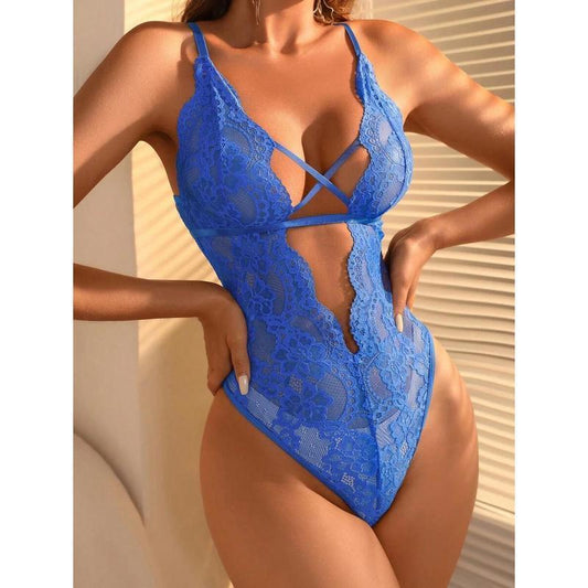 Classic Sexy Floral Lace Criss Cross Plunging Neck Teddy Bodysuit Lingerie Bra Strap Women Womenswear Cute Resin Ghost Decor Statue Large Display Bedroom Clock Print Sheer
