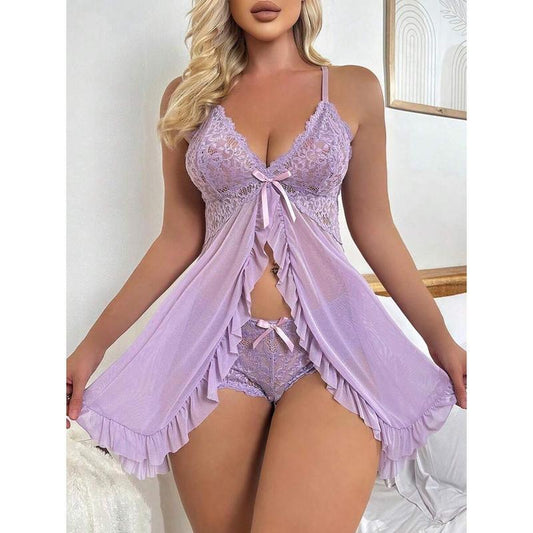 Contrast Lace Ruffle Trim Mesh Babydoll Sexy Lingerie Dress With Thong Fabric Polyester bikini boutique go nnaw ear it now Womenswear Bra