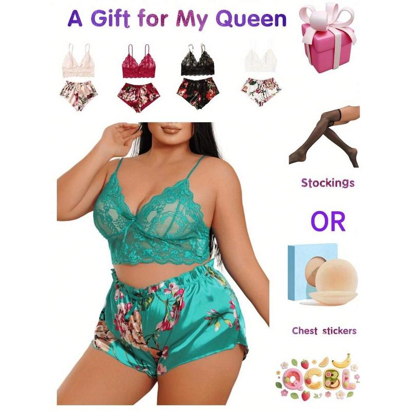 Plus Size Women's 2-Piece Lingerie Set - Floral Lace Cami Top With Satin Shorts Pajama Set |   Party Outfit & Home Wear |   Gift Included Bra Panty