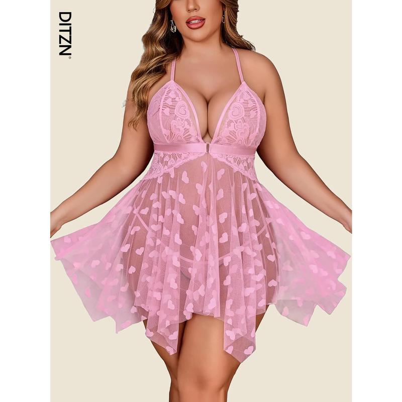 Plus Size Women's One-Piece See-Through Erotic Sexy Lingerie Front Button Dress Split Lace Dress Summer Breathable Pajamas (Free Thong) For Rave