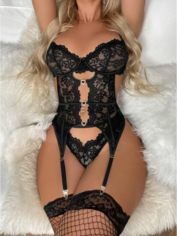 Classic 4 Pack Floral Lace Hollow Rhinestone Detail Underwire Bra, Comfortable Support - Stockings Women Classic Sexy Mesh Garter Corset Sexy Bodysuit Thong Nightdress Cloth Lace Sexy Women Lace Lingerie SetEmbroidered Heart Overall Piece